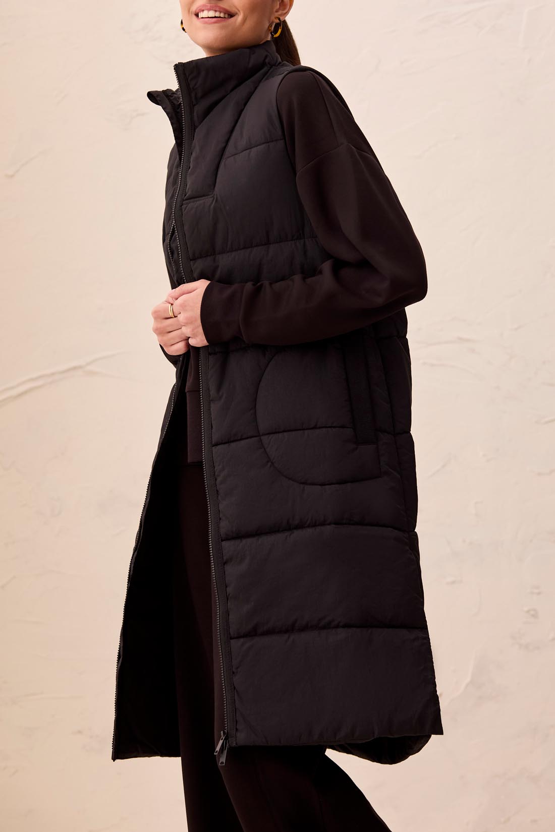 Tribal Black Long Zip-Front Quilted Vest