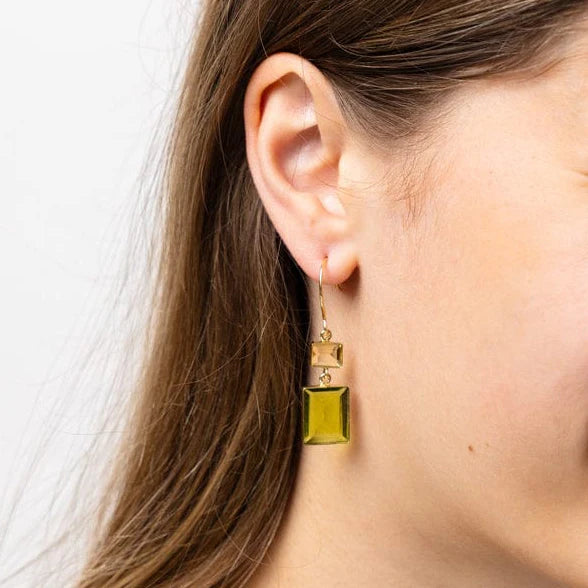 Veronica Two Tone Color Cut Glass Dangle Earring Green