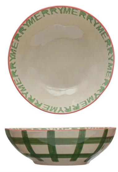 Hand-Painted Holiday Stoneware Bowl Green