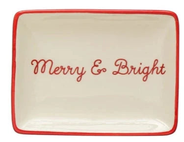 Stoneware Dish With Holiday Words Merry & Bright