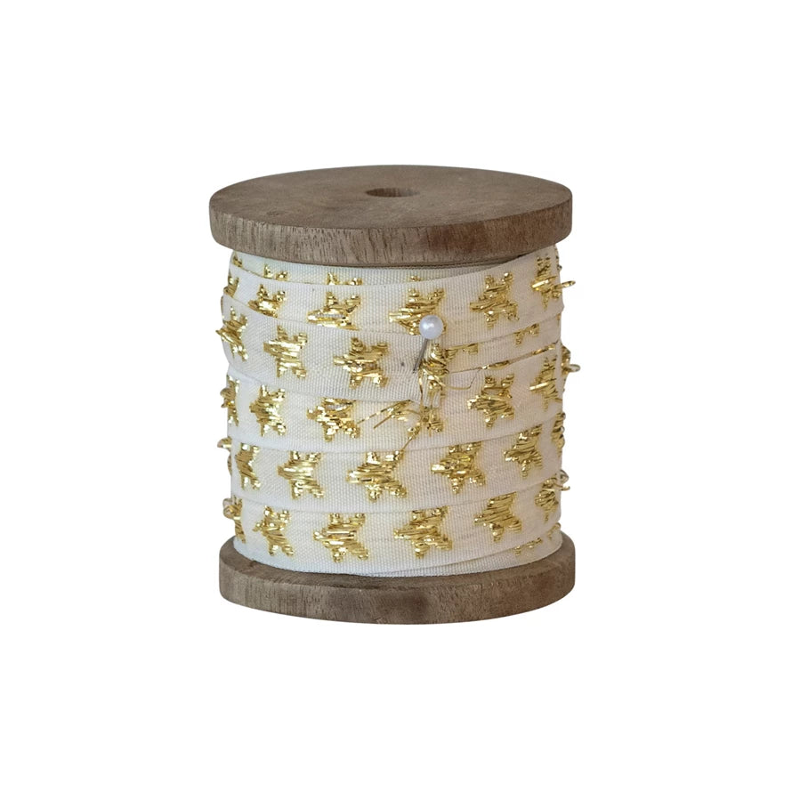 Fabric Ribbon on Wood Spool With Metallic Stars