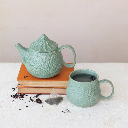 Embossed Stoneware Teapot With Strainer