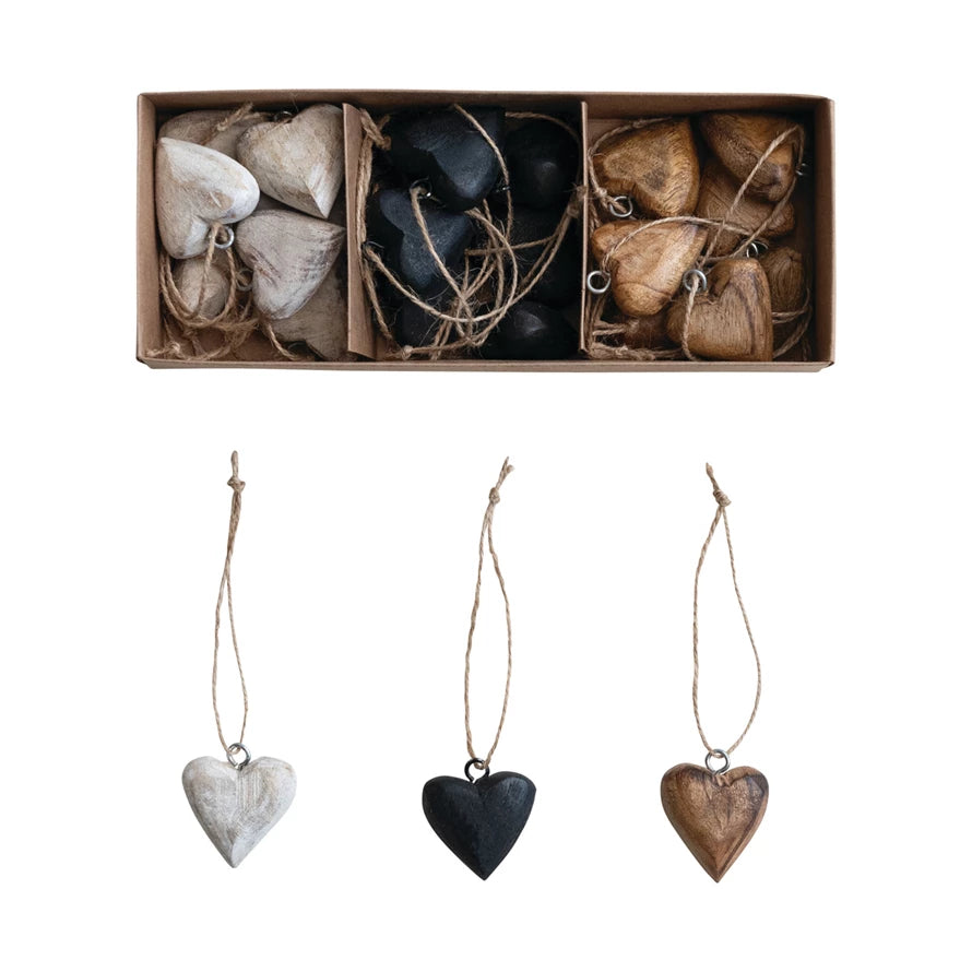 Mango Wood Heart Ornaments with Jute Hangers