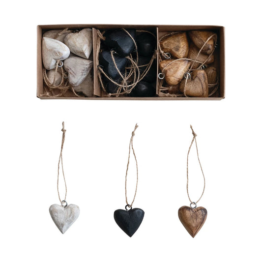 Mango Wood Heart Ornaments with Jute Hangers