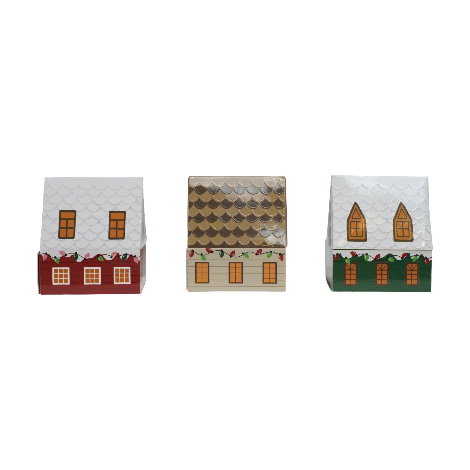 Three decorative house-shaped boxes with different designs on a white background