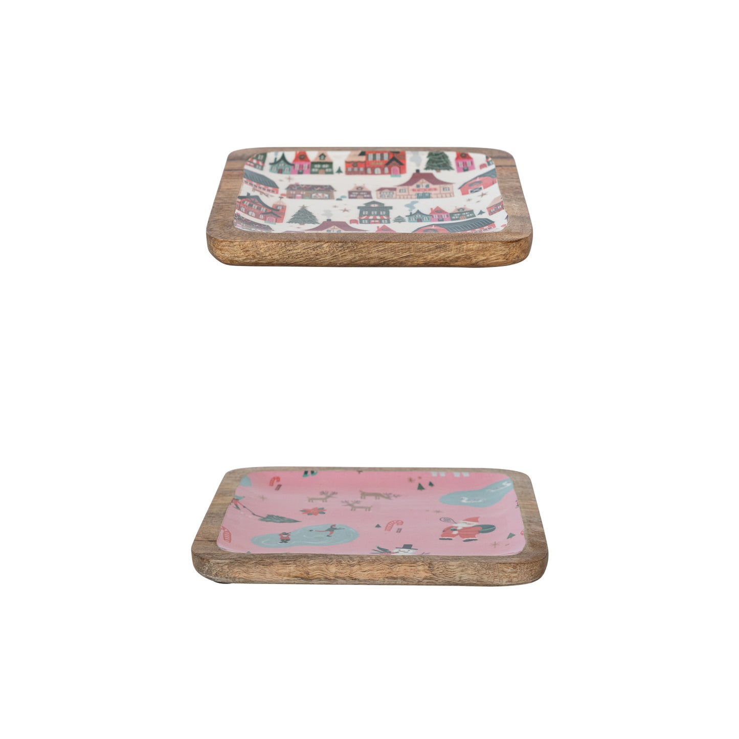 Enameled Mango Wood Trays with North Pole Patterns