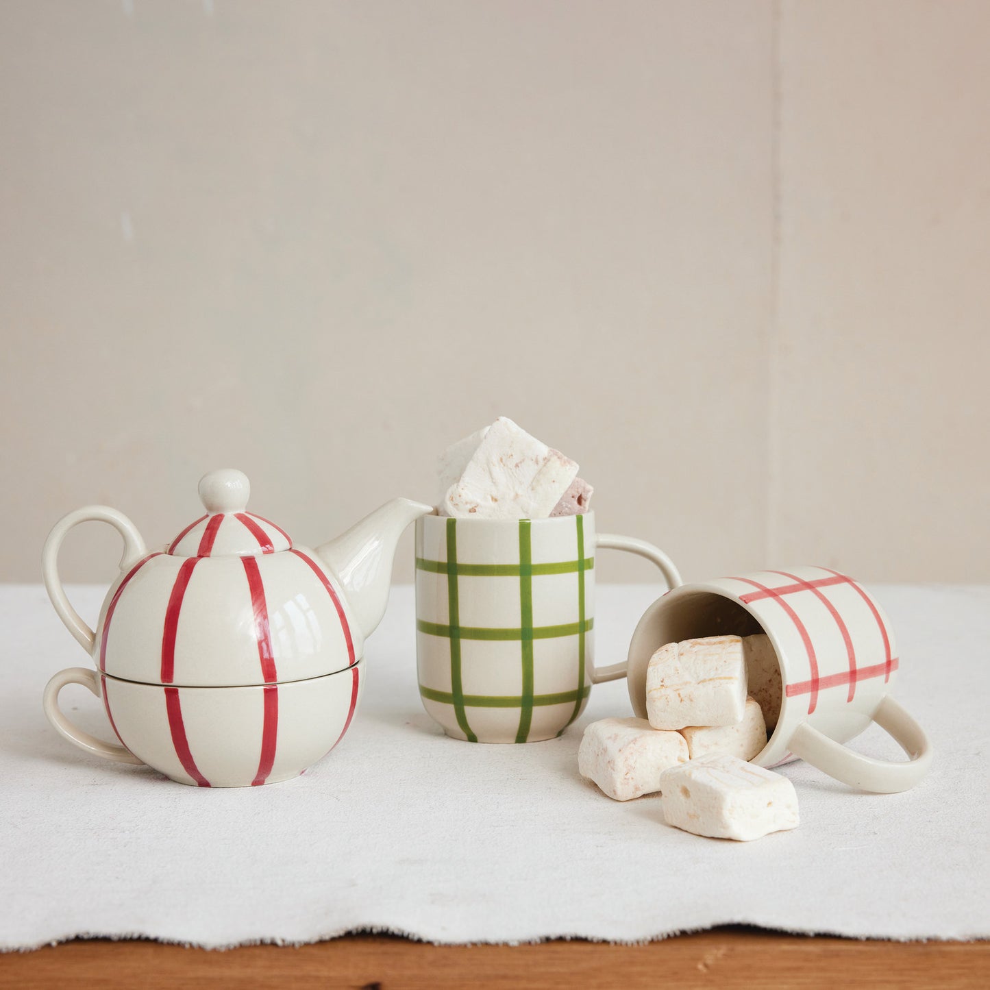 Hand-Painted Stoneware Mug With Grid Pattern