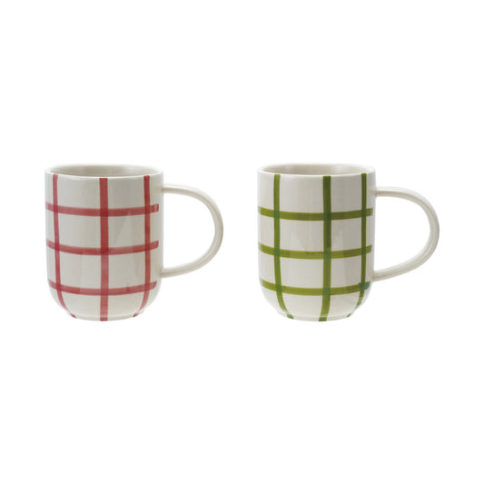 Hand-Painted Stoneware Mug With Grid Pattern