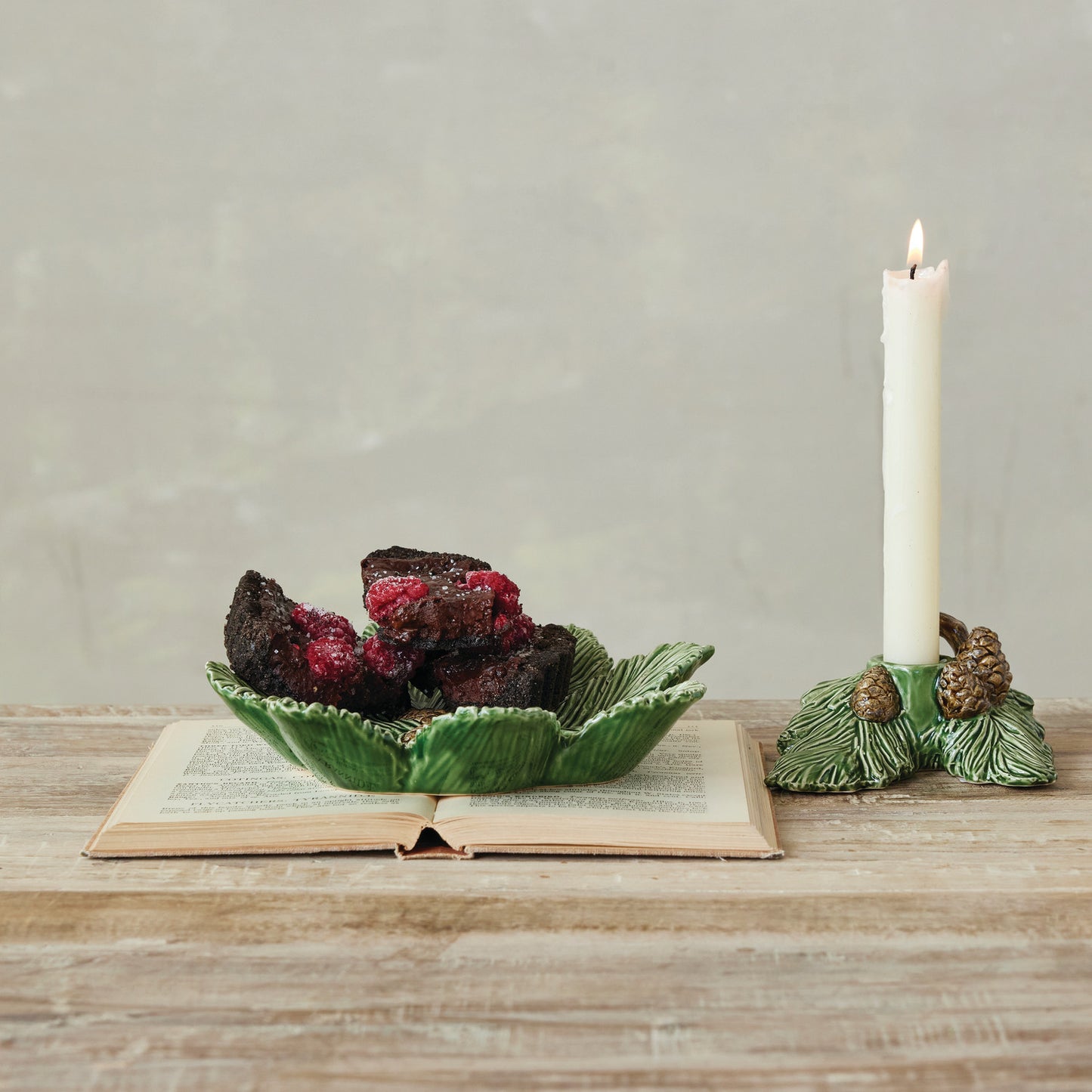 Ceramic Pine Bough Shaped Plate with Pinecones