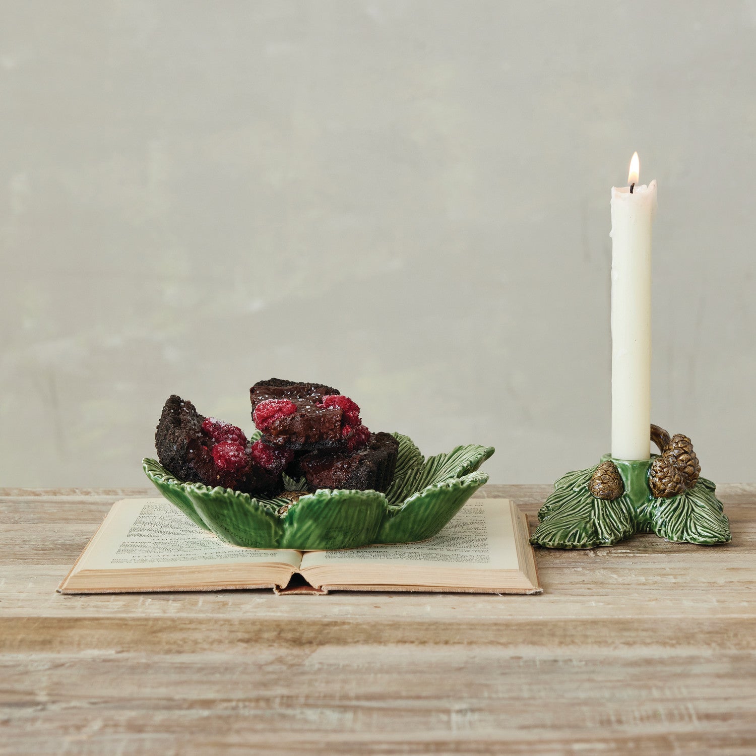 Ceramic Pine Bough Shaped Plate with Pinecones