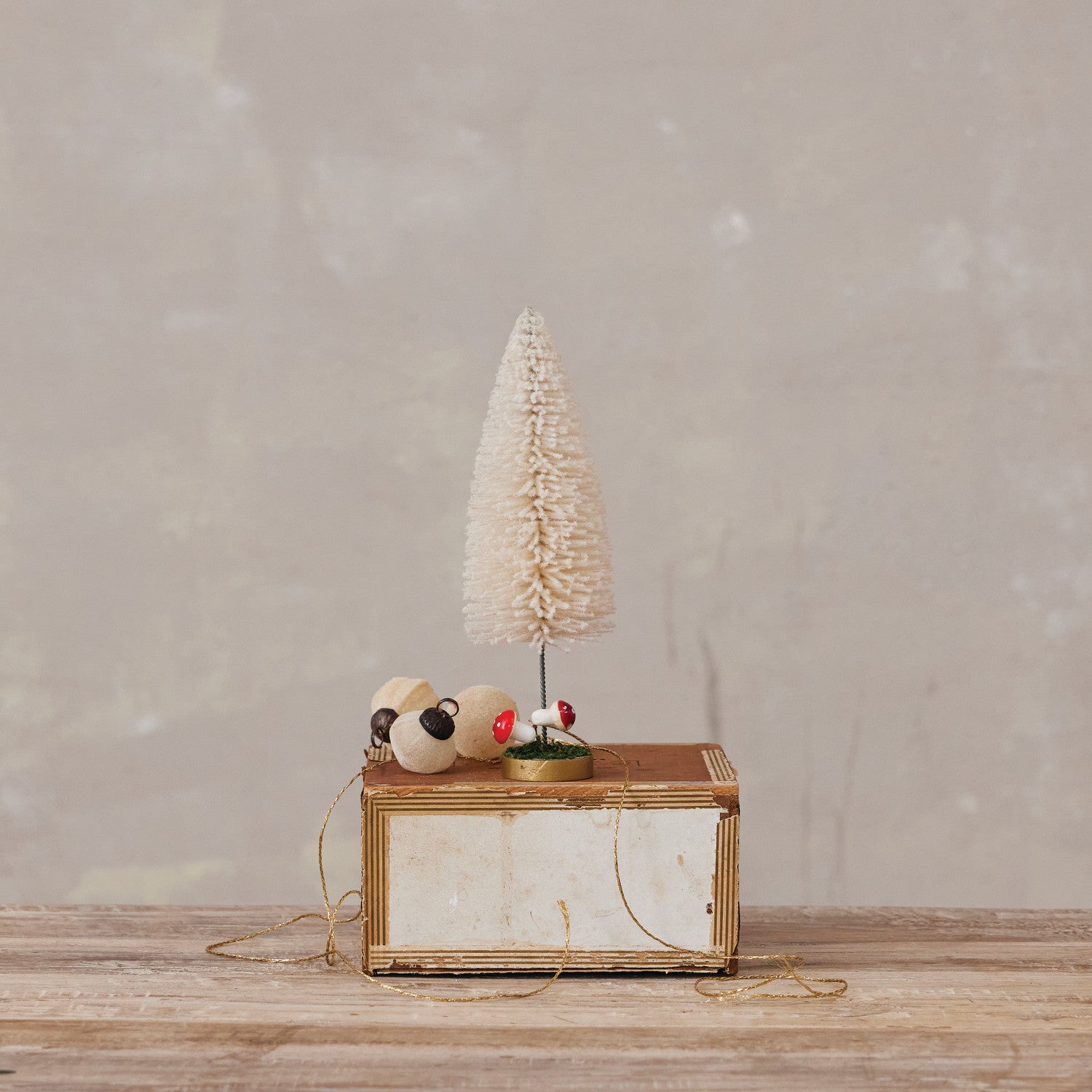 Decorative bottlebrush tree on a wooden box with a neutral background