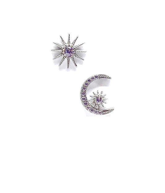 Sun and Moon CZ Stud Earrings: Sterling Silver