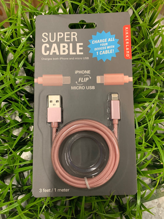 No matter your tech preferences, we’ve got you covered with this dual-sided charging cable.. Fabric-wrapped cord featuring a dual-tipped design with a micro USB and lightning cable blended into one plug, with a USB at the opposite end for easy charging wherever you are.