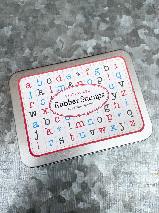 Set of vintage, wooden, rubber stamps. Set includes 26 lowercase alphabet plus 4 punctuation stamps. Stamps are approximately 1/2" square.