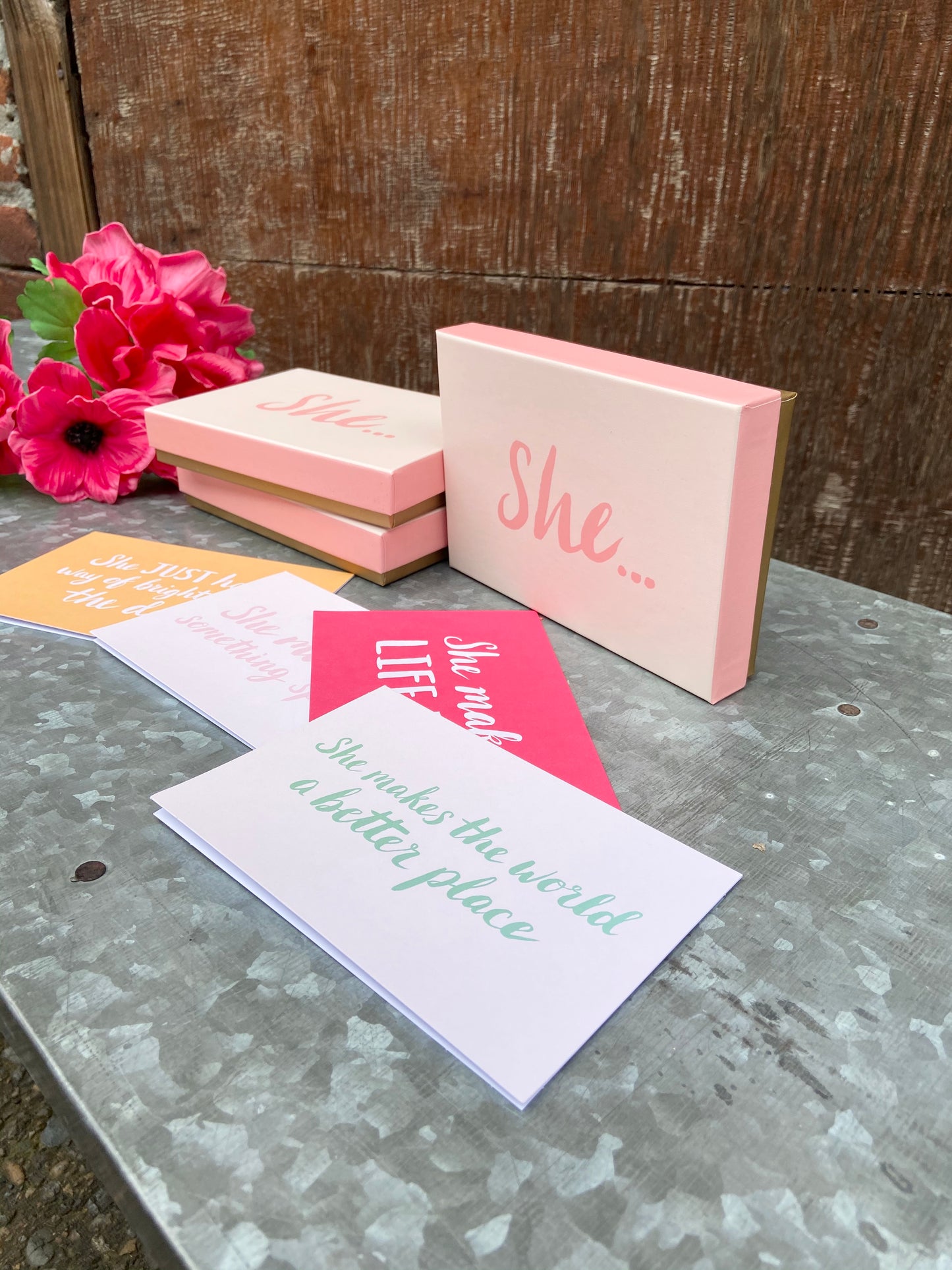 Here are 8 beautiful note cards (2 each of 4 designs) to give to the amazing women that you know. These cards are just the thing for birthdays, thank you notes, or just to let someone know you care. The envelopes are printed with polka dots in metallic gold ink, and the sentiments include:   She just has a way of brightening the day  She makes the world a better place  She makes life fun  She must be something special