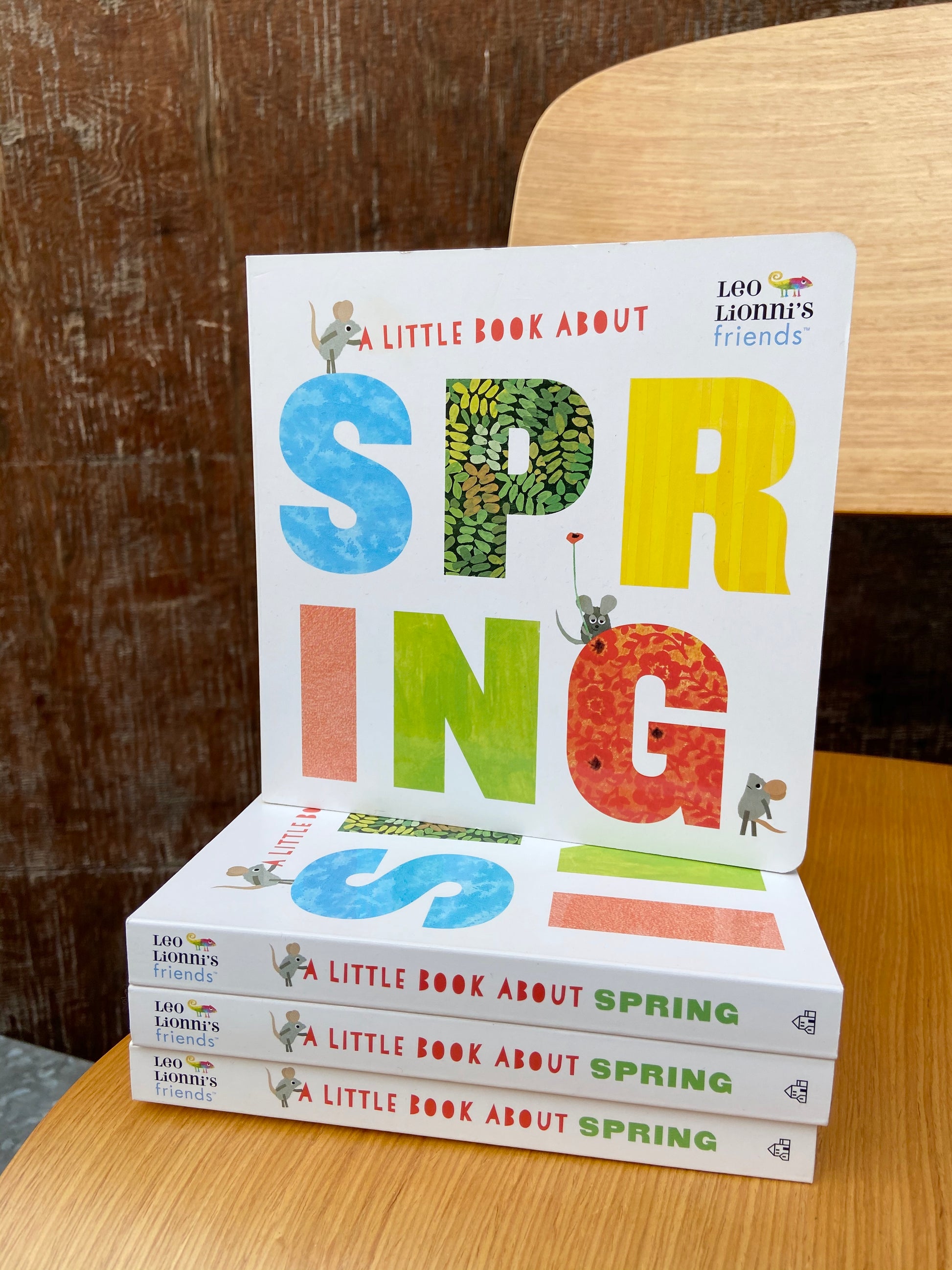 Leo Lionni's friends Little Book About Spring.  Budding trees, chirping birds, and croaking frogs all announce the coming of spring. Explore these and more spring marvels in this adorable board book by legendary children's book author-illustrator Leo Lionni. With sturdy, board pages and colorful detailed artwork, this spring-themed book is perfect for ages 0 to 5.