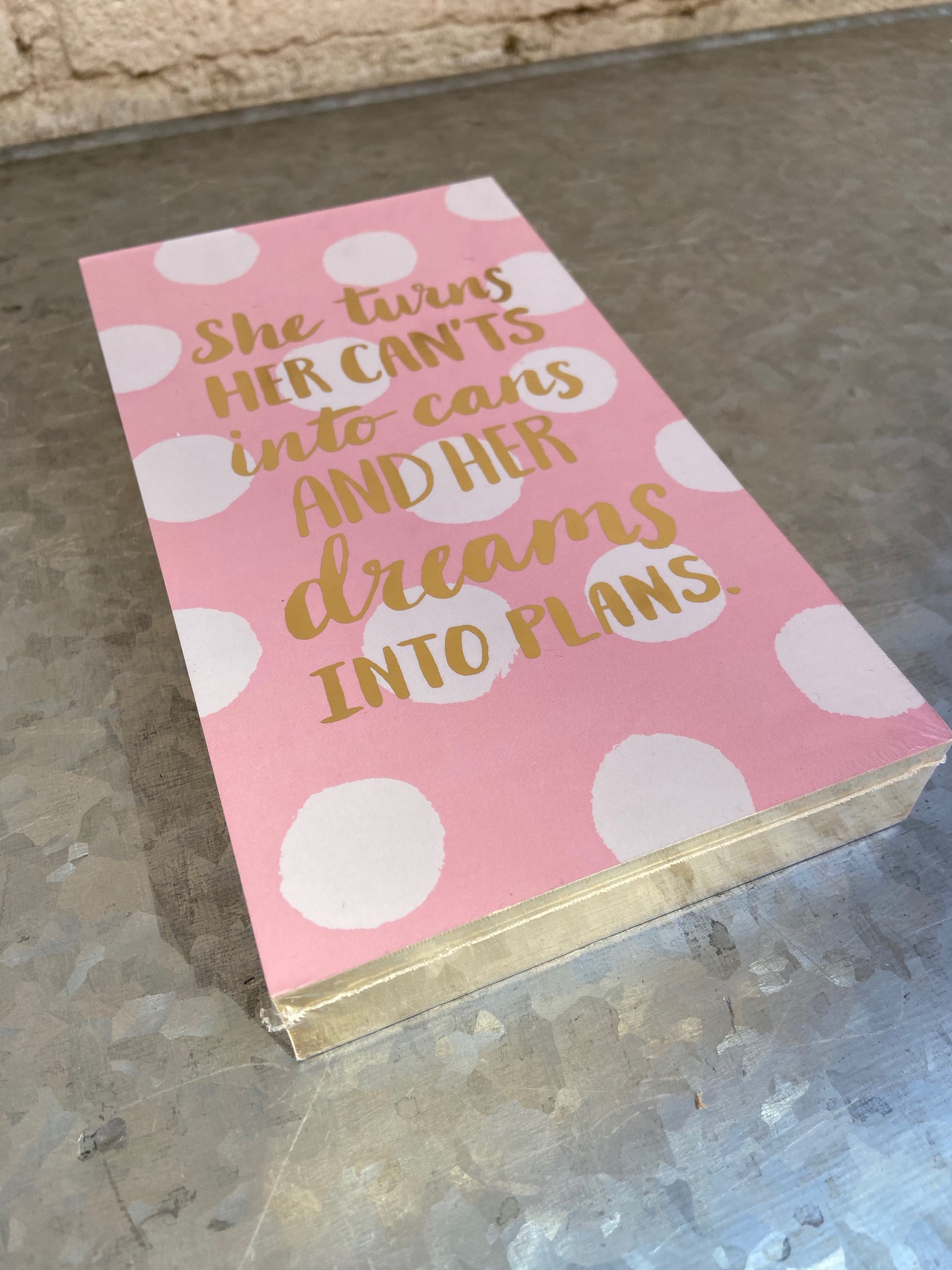 200 sheet gold gilded edged list pad with gold foiled softcover features inspiring sentiments on each page. 7.5H x 4.25W