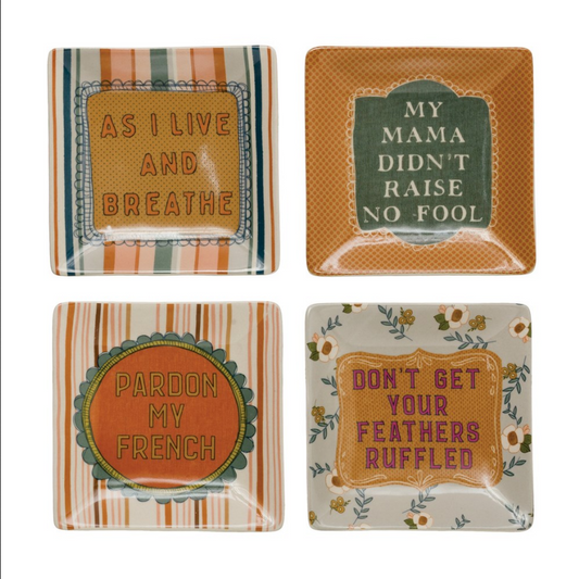 5" Square Stoneware Plate with Saying