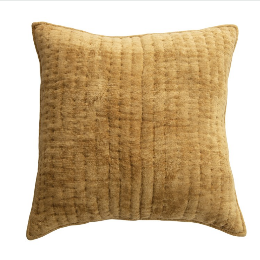 20" Square Quilted Cotton Chenille Pillow, Mustard Color