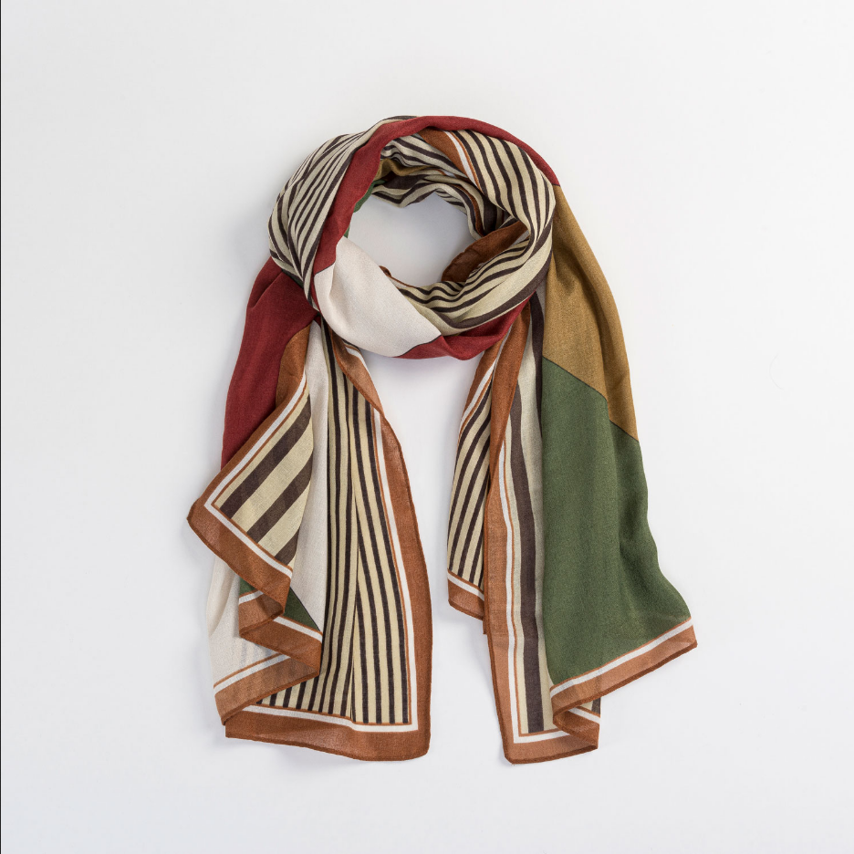 Beige Geometric and Thick Stripe Lightweight Scarf