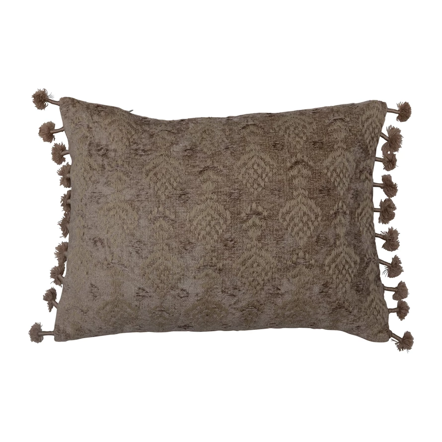 Chenille Lumbar Pillow with Embroidery and Tassels