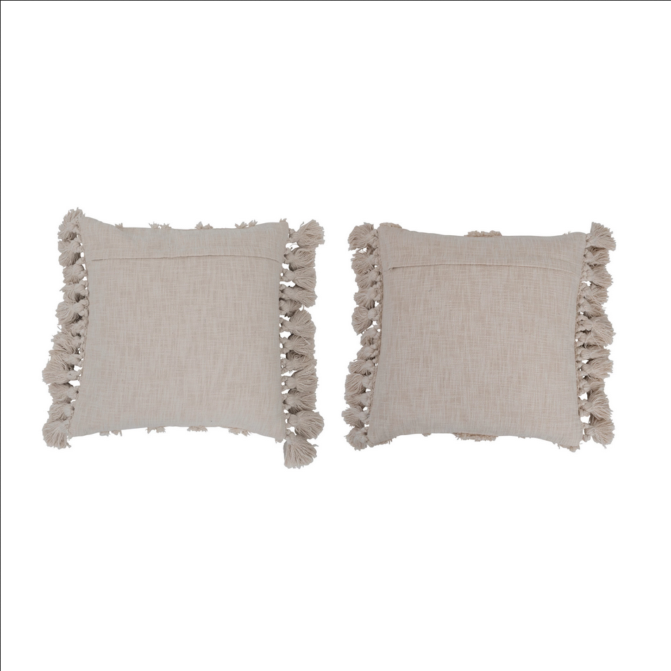 Woven Cotton Slub Pillow with Tufted Design and Tassels