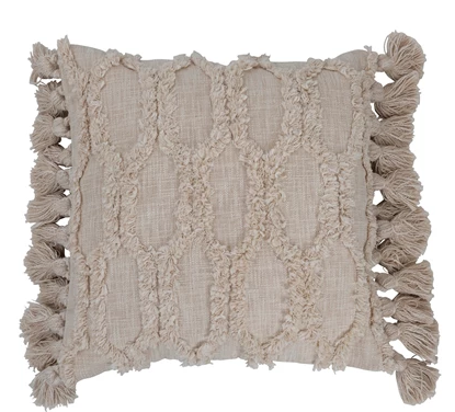 Woven Cotton Slub Pillow with Tufted Design and Tassels