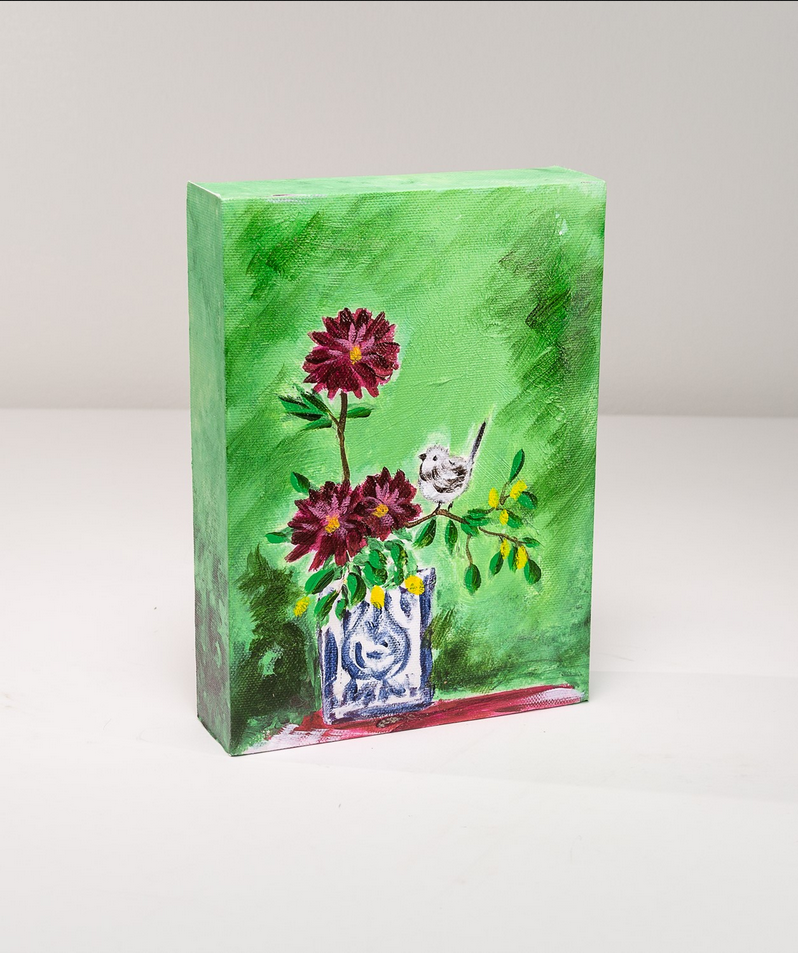 Bird With Vase Green Canvas