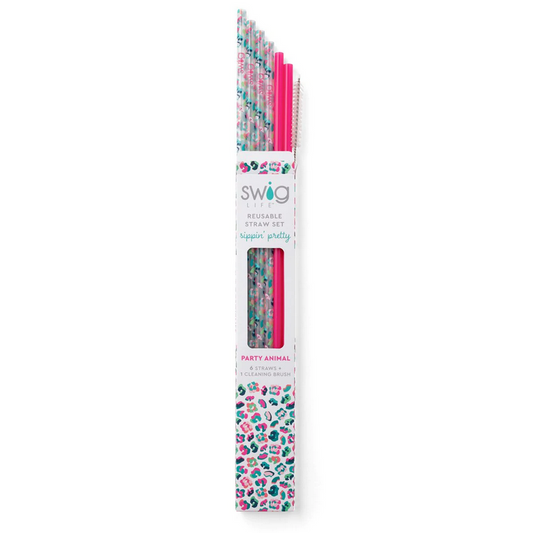 Party Animal & Hot Pink Reusable Straw Set (Tall)