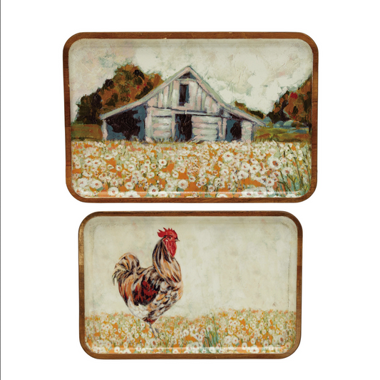 Enameled Acacia Wood Trays with Farm Scene/Animal