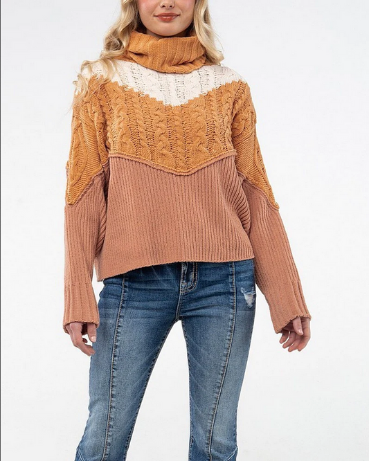 Miss Me Knitted Color Block Turtleneck Sweater