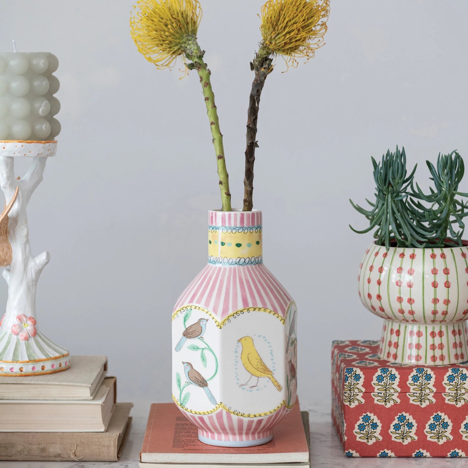 5-3/4"L x 5-1/4"W x 10-1/4"H Ceramic Vase w/ Birds, Multi Color
