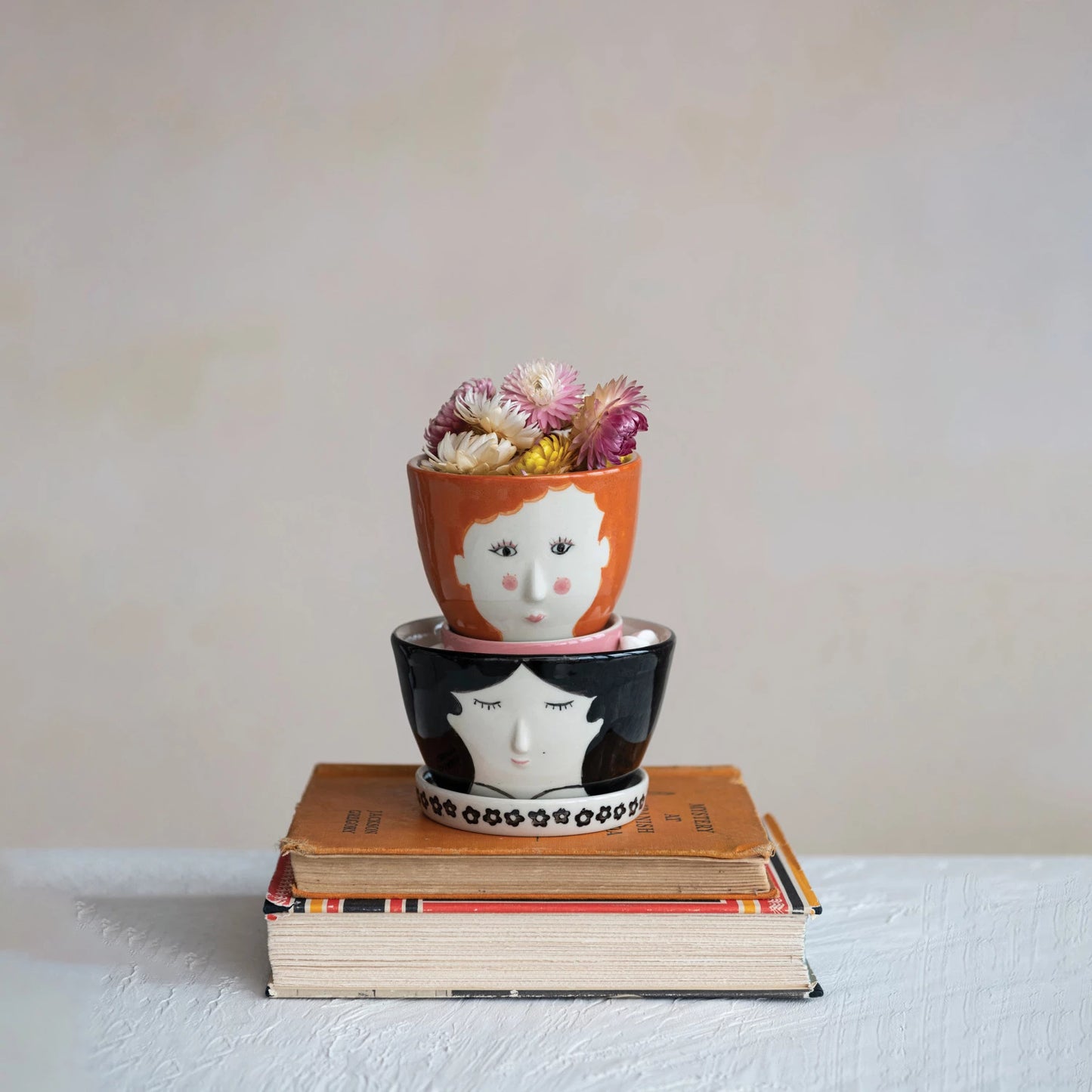 Hand-Painted Embossed Stoneware Face Planter