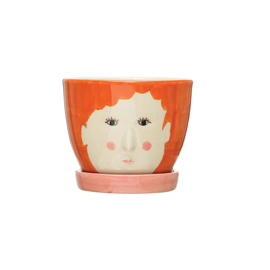 Hand-Painted Embossed Stoneware Face Planter