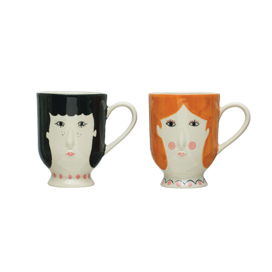 3-3/4" Round x 4-3/4"H 14 oz. Hand-Painted Stoneware Mug w/ Face, Multi Color