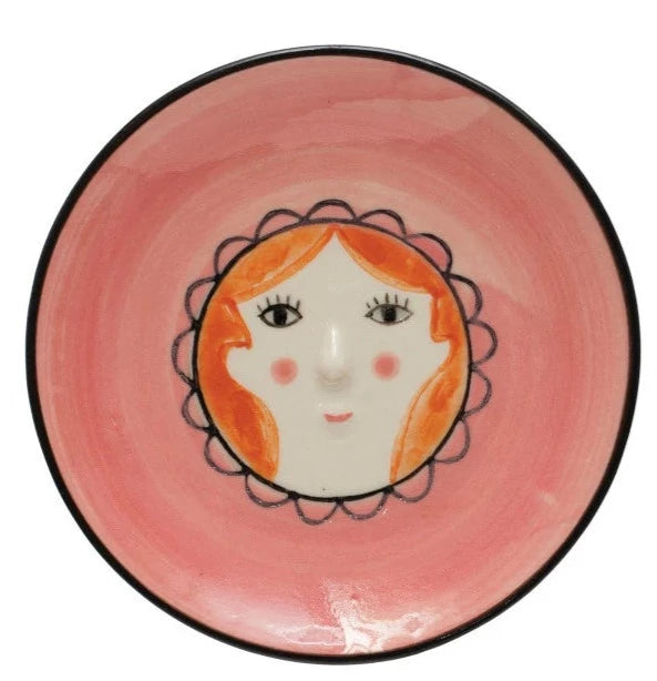 4" Round Hand-Painted Stoneware Plate w/ Face, Multi Color