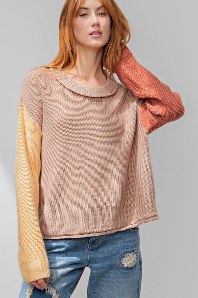 Easel Loose Fit Color Block Sweater Mocha