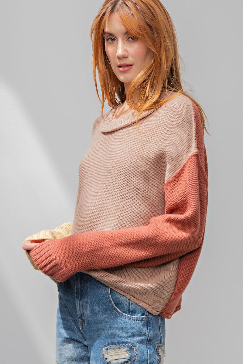 Easel Loose Fit Color Block Sweater Mocha